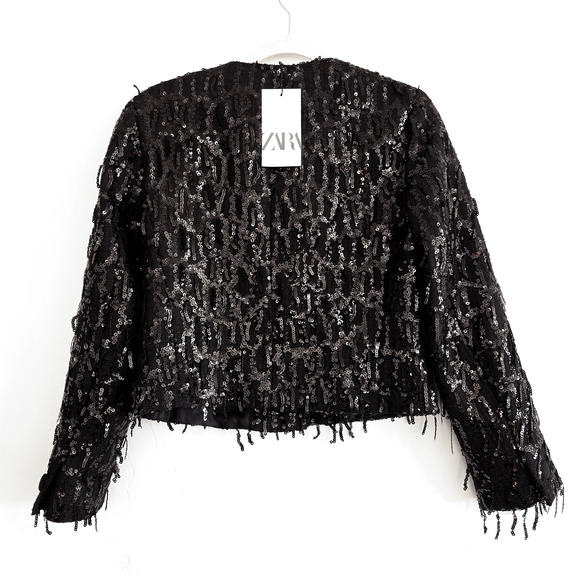 Zara Black Button Up Sequin Fringe Jacket Size Medium - Picture 3 of 8